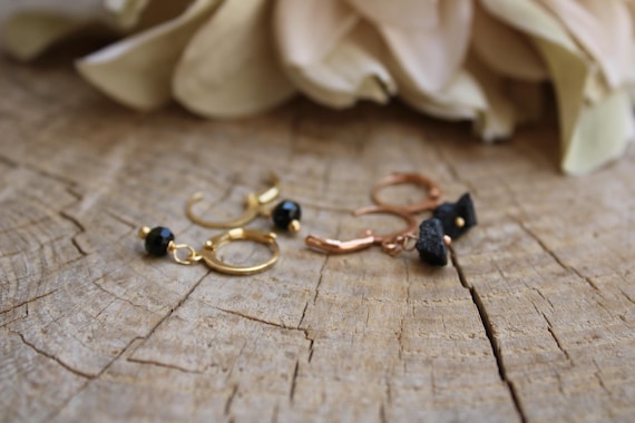 Black tourmaline huggie earrings.  Gold filled/rose gold filled black tourmaline hoop earring. October birthstone. Empath protection.