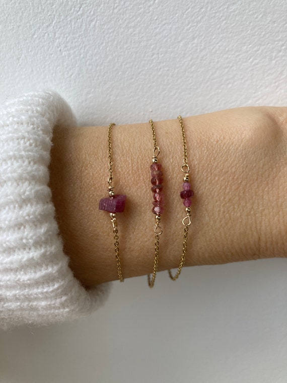 Pink tourmaline bracelet. Tourmaline bead bar.  Raw pink tourmaline nugget.  October birthstone. Emotional healing, dispel negativity.