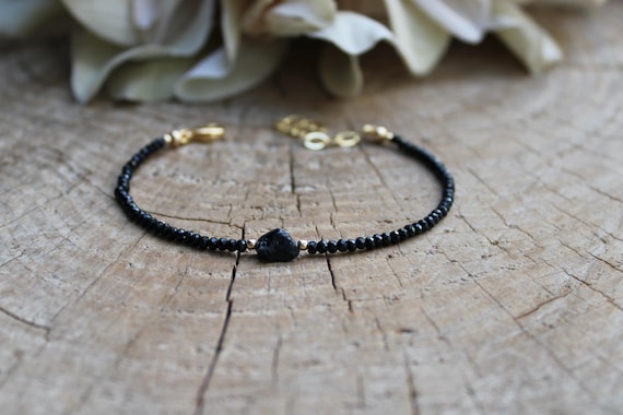Beaded black tourmaline bracelet. Skinny tourmaline bracelet with nugget. Gold filled, sterling silver, rose gold filled.