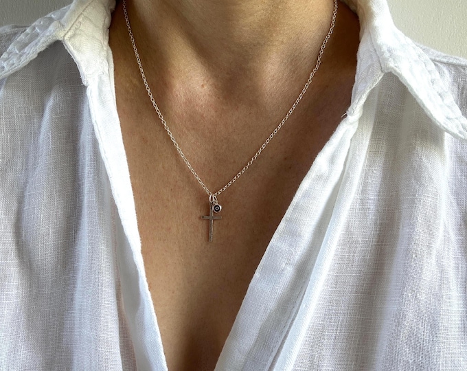 Sterling silver cross and evil eye necklace. Sterling silver cross necklace. Evil eye necklace. Protection necklace.