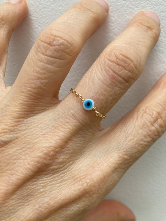 Evil eye ring. Evil eye chain ring. Gold filled evil eye ring. Dainty evil eye ring. Tiny evil eye ring. Protection ring. Sterling silver