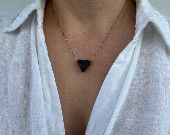 Lava diffuser necklace. Triangle lava necklace. Aromatherapy jewelry. Triangle essential oil necklace. Gold, silver, rose gold