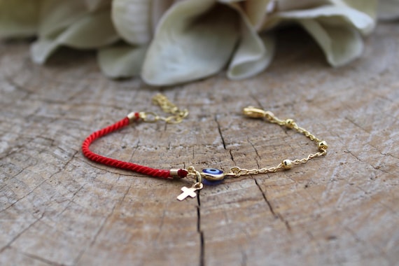 Red string evil eye bracelet with cross. Red string of fate bracelet. Evil eye and cross bracelet. Gold filled. Protection bracelet.
