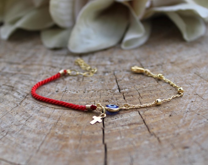Red String Bracelet: Gold Filled Evil Eye Cross Protection, stainless steel cross and evil eye bracelet.
