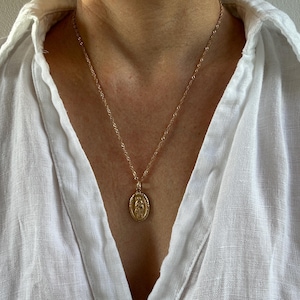 Medallion necklace. Gold Madonna necklace. Virgin Mary necklace. Miraculous Mary necklace. Gold coin necklace. Religious necklace.