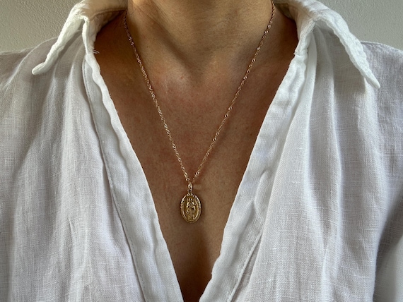 Medallion necklace. Gold Madonna necklace. Virgin Mary necklace. Miraculous Mary necklace. Gold coin necklace. Religious necklace.