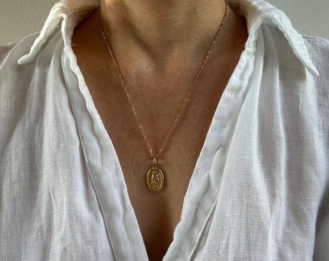 Medallion necklace. Gold Madonna necklace. Virgin Mary necklace. Miraculous Mary necklace. Gold coin necklace. Religious necklace.