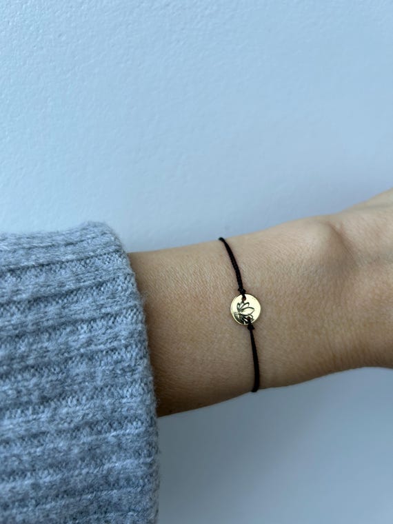Silk cord bracelet with lotus flower charm. Lotus flower cord bracelet. Gold filled, rose gold filled, sterling silver disc