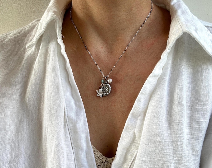 Shell Pearl Necklace: Stainless Steel Beach Jewelry with Apatite