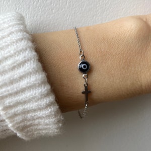 Evil eye and cross bracelet. Evil eye bracelet. Sideways cross bracelet. Greek mati and cross bracelet. Protection. Silver chain image 6