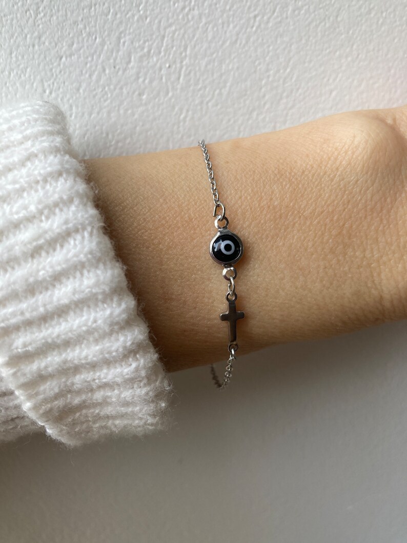 Evil eye and cross bracelet. Evil eye bracelet. Sideways cross bracelet. Greek mati and cross bracelet. Protection. Silver chain image 6