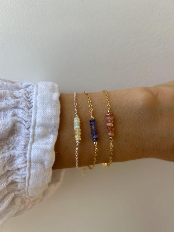 Dainty gemstone bar bracelet. Birthstone bracelet. Natural stone bracelet. Gold, silver, rose gold chain.