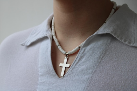 Surfer necklace. White heishi puka shell necklace with stainless steel cross pendant. White litub shell beaded necklace.  Waterproof
