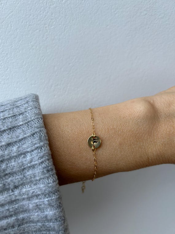 Dainty Initial Bracelet, Personalized Tiny Disk Bracelet, | 14k Gold Fill, Sterling Silver