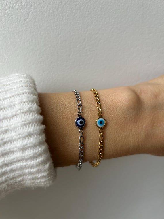 Mens evil eye and cross chain bracelet. Unisex evil eye bracelet. Protection bracelet. Silver/gold stainless steel Figaro chain.