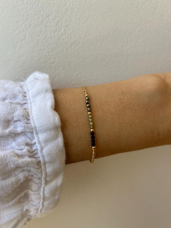Black tourmaline, green jade and pyrite bracelet. Multi gemstone bracelet. Bead bar bracelet. Abundance,  protection and block negativity.