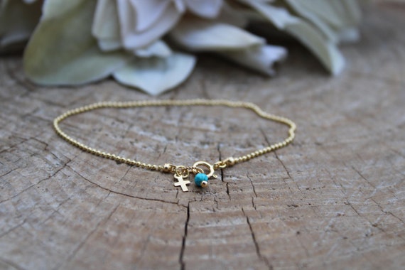 Tiny cross and birthstone bracelet . Gold filled birthstone bracelet with tiny cross. Gold filled ball chain bracelet.