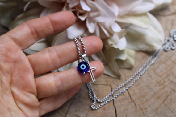 Mens cross and evil eye necklace. Mens crucifix. Mens stainless steel cross and evil eye necklace. Cross pendant. Religious jewellery.