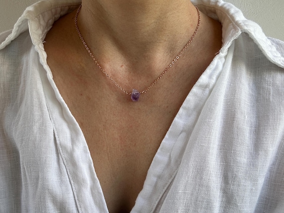 Raw amethyst crystal necklace. Amethyst choker.  February gemstone. Gold, silver, rose gold chain.