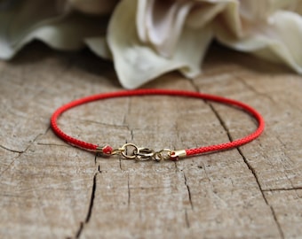 Red String Bracelet: Nylon Cord, Gold Filled/Sterling Silver Clasp