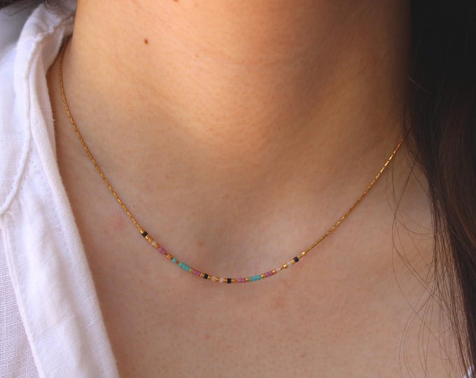 Dainty beaded  necklace.  Seed bead choker. Gold, silver stainless steel chain.