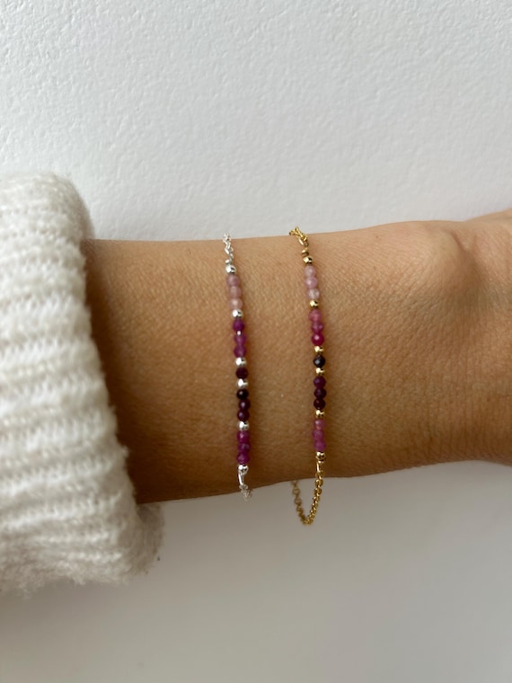 Ruby bracelet.  Gold filled/sterling silver ruby bracelet. Dainty ombre beaded ruby bracelet. July birthstone bracelet.