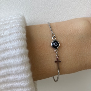 Evil eye and cross bracelet. Evil eye bracelet. Sideways cross bracelet. Greek mati and cross bracelet. Protection. Silver chain image 4