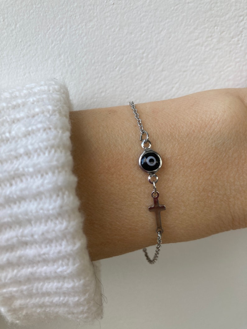 Evil eye and cross bracelet. Evil eye bracelet. Sideways cross bracelet. Greek mati and cross bracelet. Protection. Silver chain image 4