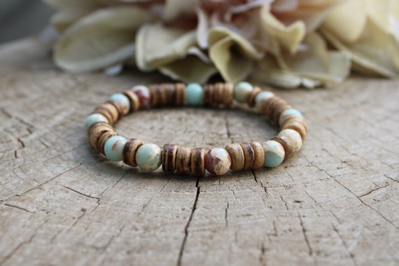 Sea sediment jasper bracelet. Coconut and jasper beaded bracelet. Wood bead stretch bracelet. 8mm beads.