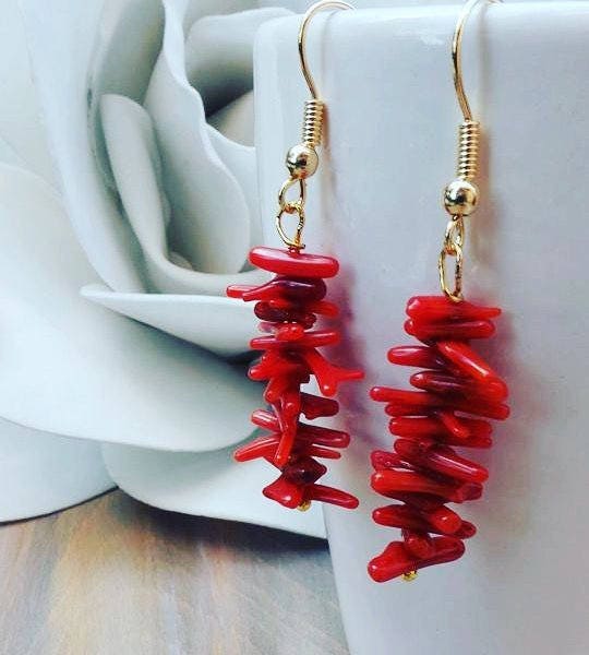 Coral earrings. Red coral earrings. Dangle earrings. Red earrings. Statement earrings. Gold fill