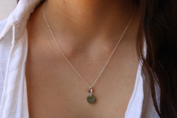 Green jade necklace. Green jade donut necklace. Gold filled/sterling silver necklace with jade. Good luck, prosperity and abundance.