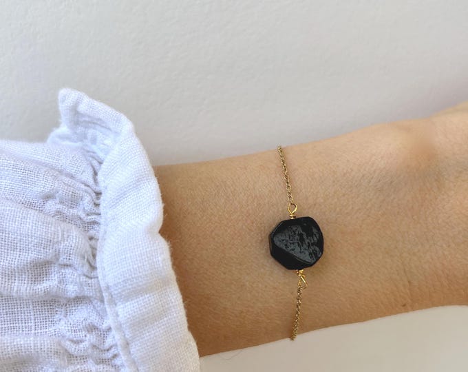 Black Tourmaline slab bracelet. Empath protection. Stainless Steel Chain