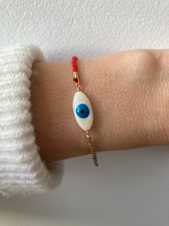 Red string evil eye  bracelet. Red string of fate bracelet. Evil eye bracelet. Greek mati bracelet. Chain and cord bracelet.