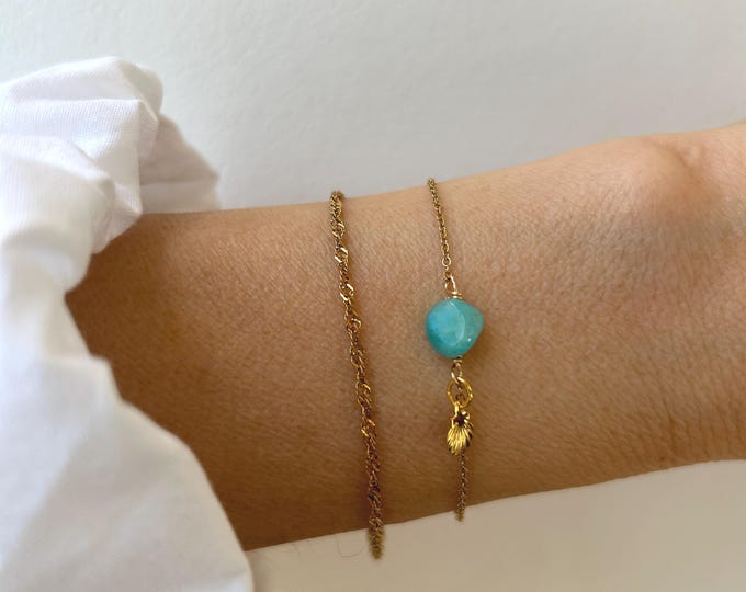 Amazonite and shell bracelet. Singapore twist chain bracelet.  Set of two. Gold, silver.