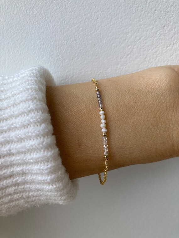 Beaded pearl bracelet . Iolite, pearl and moonstone bracelet. Bridal bracelet.  Something blue.  Gold filled/sterling silver