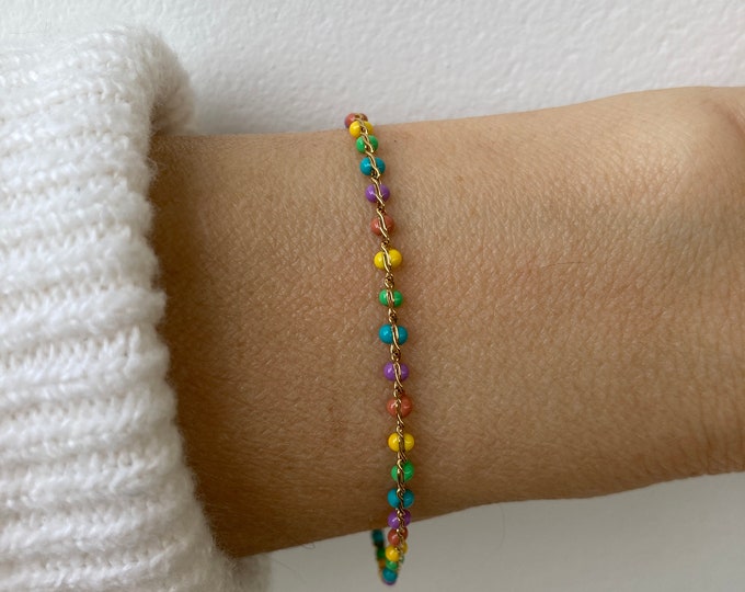 Colourful Beaded Chain Bracelet: Stainless Steel . Waterproof.