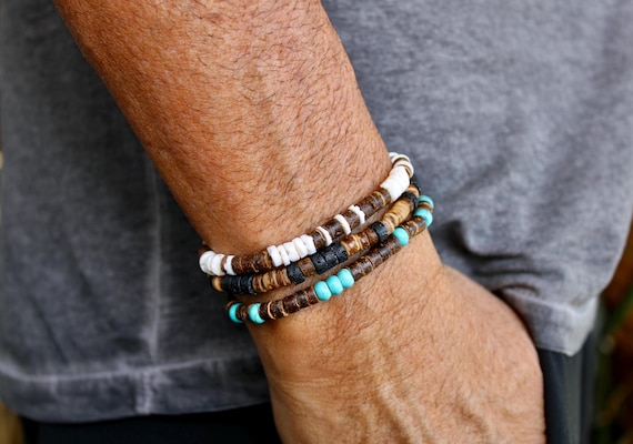 Mens bracelet set. Mens beaded bracelet. Bracelet stack. Surfer style bracelet. Mens stacking bracelets.Mens stretch bracelet. Boho bracelet