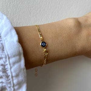 Gold Filled Evil Eye Figaro Bracelet: Greek Mati Cross Charm