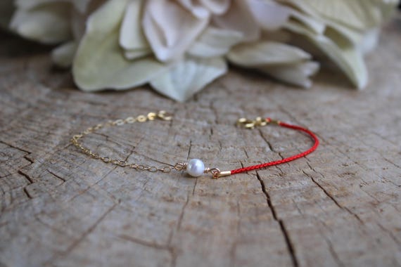 Red String Bracelet: Sterling Silver, Gold Filled, Birthstone Pearl