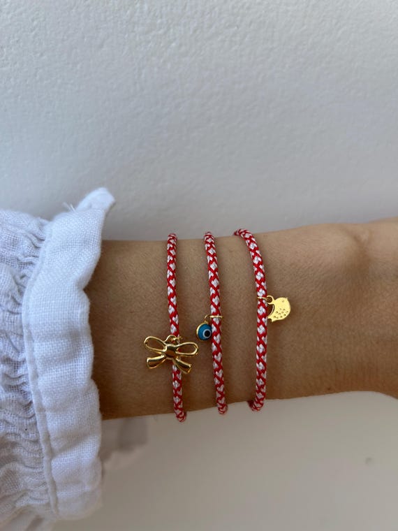 Greek March bracelet. Martis bracelet.  Evil eye cord bracelet. Red and white string bracelet. Bow charm, sparrow charm.