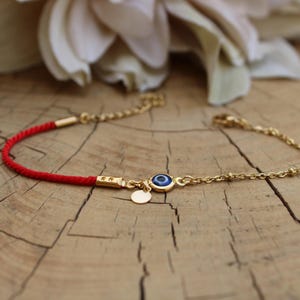 Red String Evil Eye Protection Bracelet, Gold Filled Charm, Adjustable Cord Jewelry image 6
