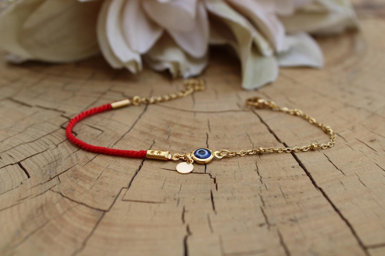 Red String Evil Eye Protection Bracelet, Gold Filled Charm, Adjustable Cord Jewelry image 6