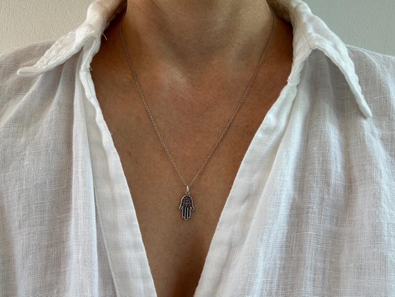 Hamsa necklace. Sterling silver hamsa necklace. Dainty hand of Fatima necklace. Protection necklace.