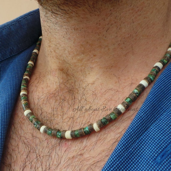 Mens beaded necklace. Mens turquoise necklace. African turquoise and coconut necklace.