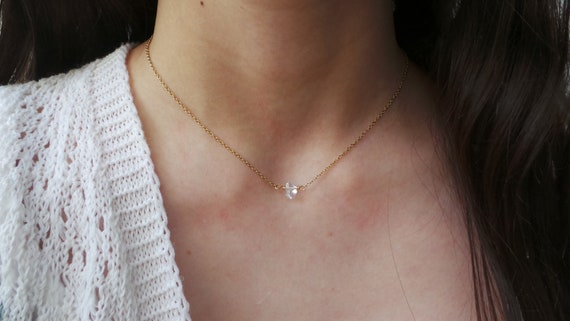 Herkimer diamond necklace. Dainty herkimer diamond choker. Minimal raw crystal necklace. Gold chain layering necklace.