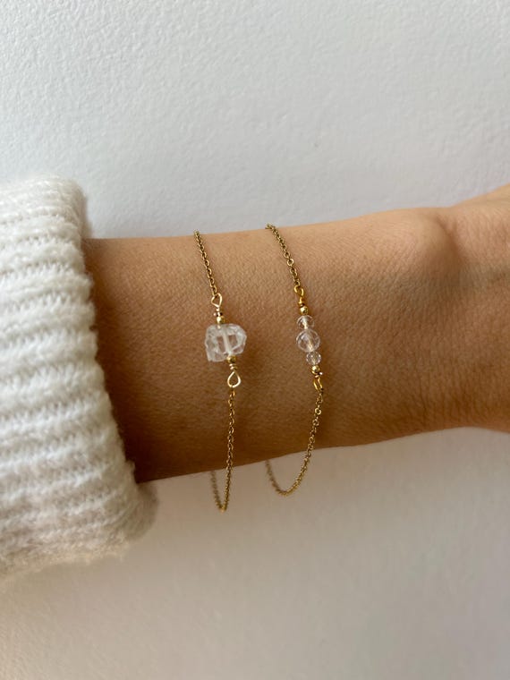 Dainty clear quartz bracelet.  Raw clear quartz nugget. April birthstone. Clear quartz chain bracelet. Gold, silver, rose gold chain