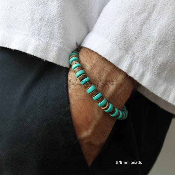 Mens chunky wood bead bracelet.  Turquoise beaded bracelet .Surfer style bracelet.Mens beaded bracelet .Mens stretch bracelet. 8mm