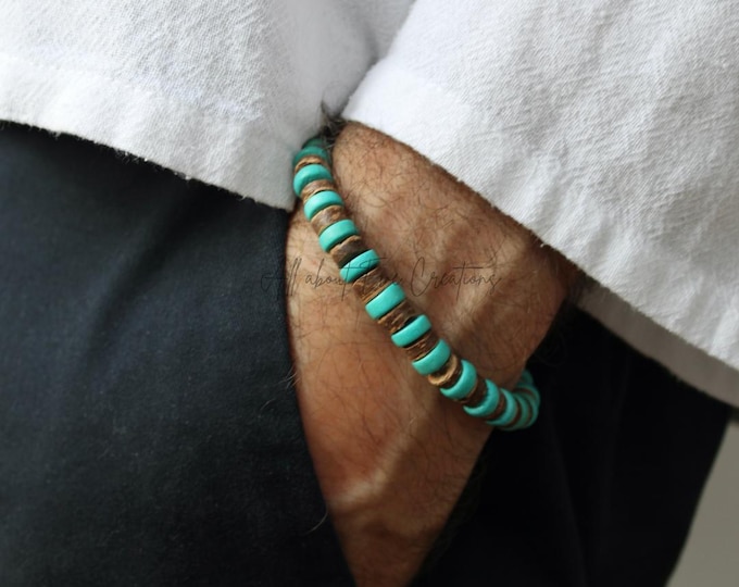 Mens chunky wood bead bracelet.  Turquoise beaded bracelet .Surfer style bracelet.Mens beaded bracelet .Mens stretch bracelet. 8mm