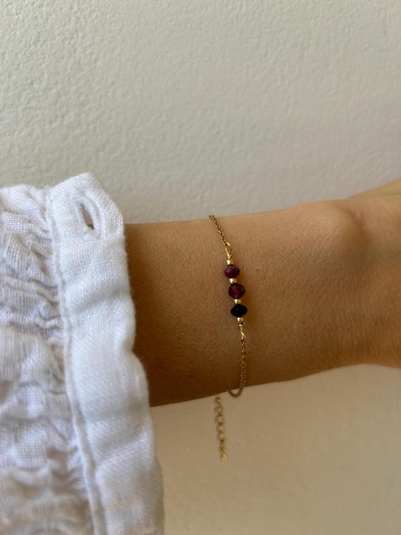 Black tourmaline, ruby and garnet bracelet. Empath protection/block negativity. Gold, silver, rose gold chain.
