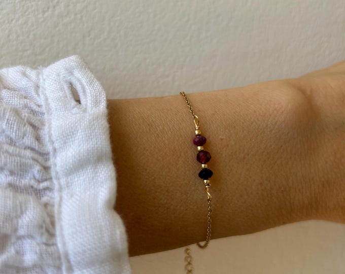 Black tourmaline, ruby and garnet bracelet. Empath protection/block negativity. Gold, silver, rose gold chain.